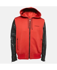 Pre-Owned Givenchy Men's Red Neoprene And Leather Zip Up Hooded Jacket