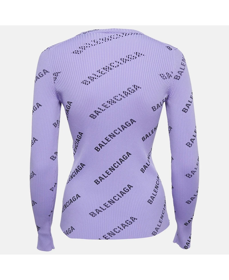 Pre-Owned Balenciaga Women's Purple All-Over Print Rib Knit Crewneck Sweater