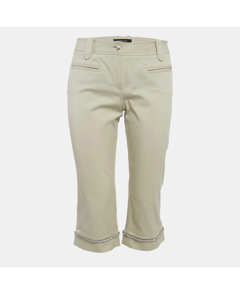 Pre-Owned Versace Women's Beige Studded Gabardine Cotton Capri Pants