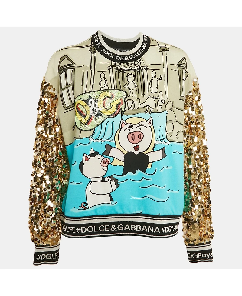 Pre-Owned Dolce & Gabbana Women's Green/blue Year Of The Pig Print Cotton Sequin Sweatshirt