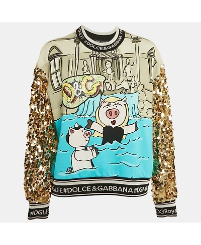Pre-Owned Dolce & Gabbana Women's Green/blue Year Of The Pig Print Cotton Sequin Sweatshirt