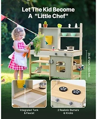 Mecale Mud Kitchen for Kids, Wooden Outdoor Playset, Pretend Kitchen with Stoves, Tank, Faucet, Storage Bag, Metal Baskets & Cookware
