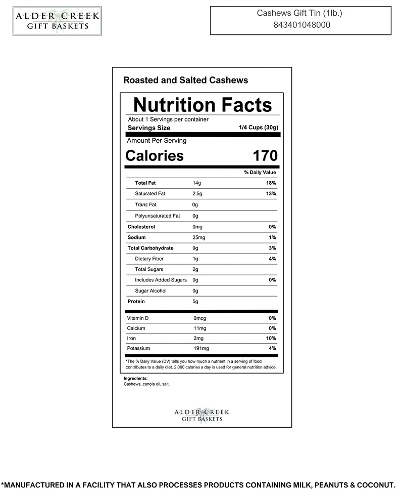 Alder Creek Gift Baskets Holiday Jumbo Cashews, 14 oz.