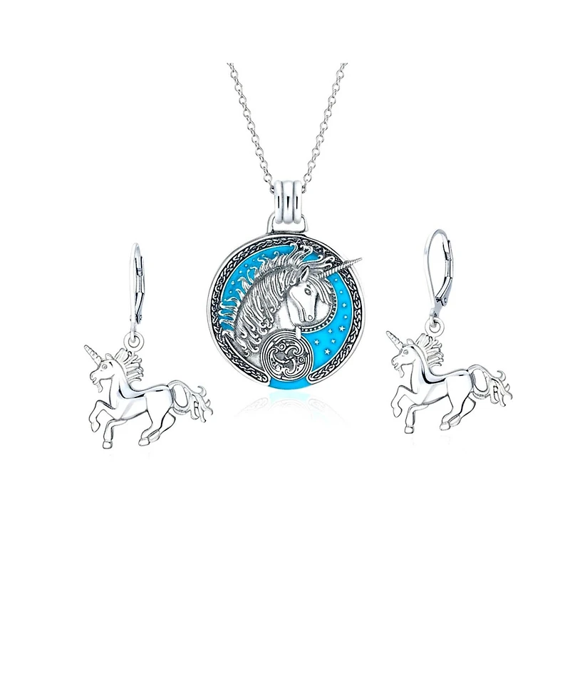 Bling Jewelry Large Round Pegasus Celestial Unicorn Medallion Pendant Necklace & Dangle Earring Jewelry Set Oxidized Sterling Silver