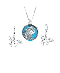 Bling Jewelry Large Round Pegasus Celestial Unicorn Medallion Pendant Necklace & Dangle Earring Jewelry Set Oxidized Sterling Silver