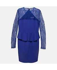 Pre-Owned Emilio Pucci Women's Blue Lace-Trim Stretch Crepe Peplum Pencil Dress