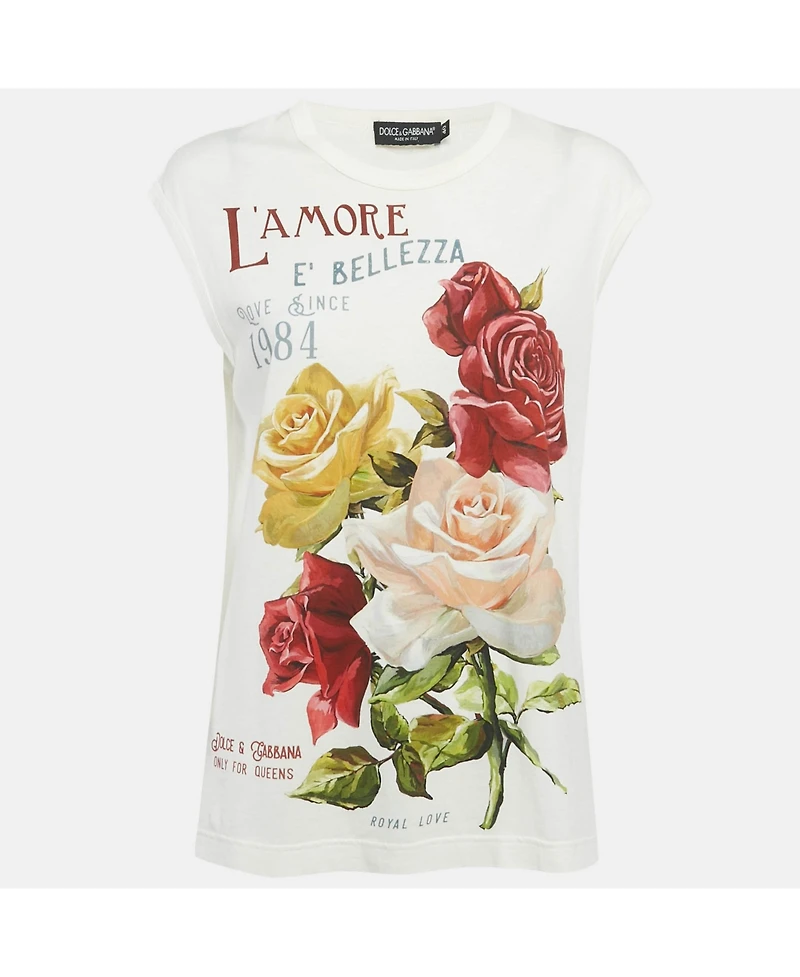 Pre-Owned Dolce & Gabbana Women's White L'amore Print Cotton Sleeveless T-Shirt
