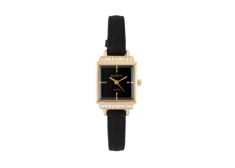Peugeot Women's 22mm Gold Crystal Watch With Black Dial & Tan Strap
