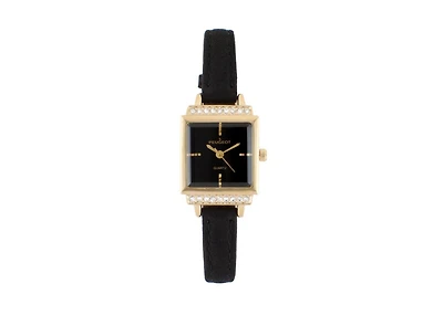 Peugeot Women's 22mm Gold Crystal Watch With Black Dial & Tan Strap