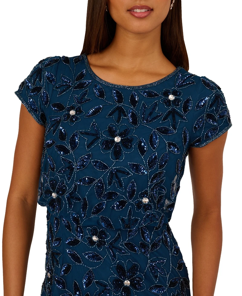 Adrianna Papell Women's Boat-Neck Blouson Beaded Gown