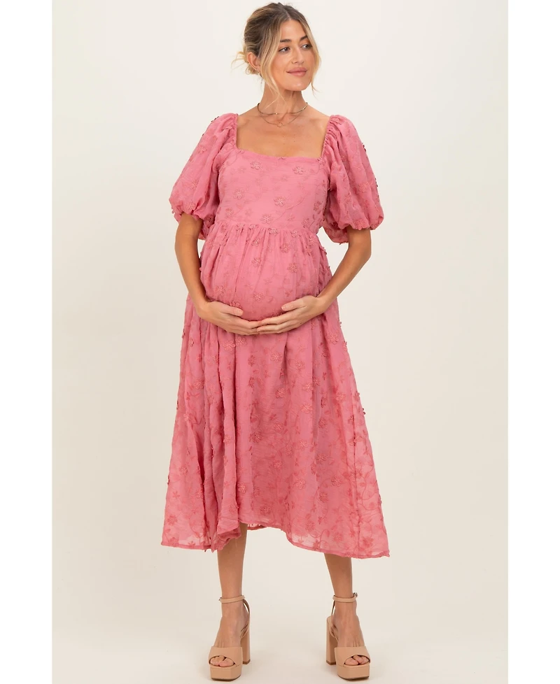 Pinkblush Maternity Mauve Embroidered Floral Puff Sleeve Midi Dress