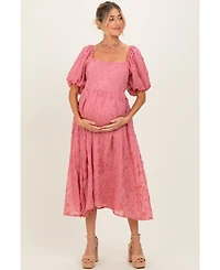 Pinkblush Maternity Mauve Embroidered Floral Puff Sleeve Midi Dress