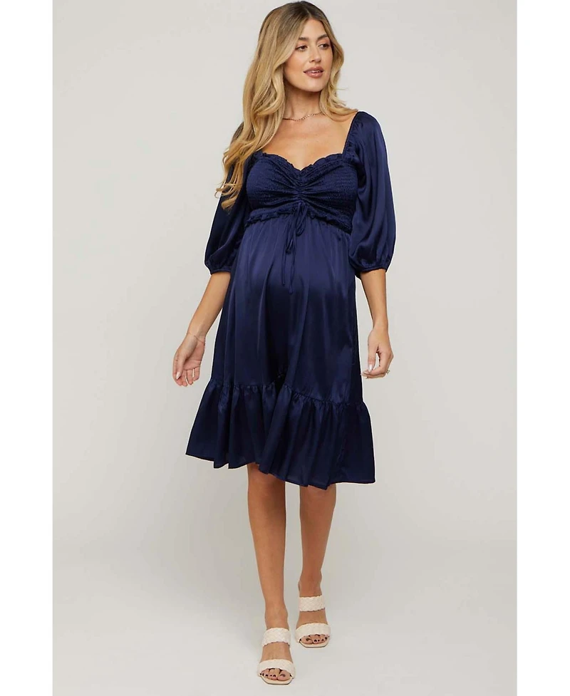 Pinkblush Maternity Navy Satin Smocked Ruffle Hem Dress