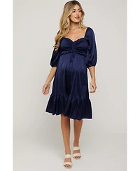 Pinkblush Maternity Navy Satin Smocked Ruffle Hem Dress