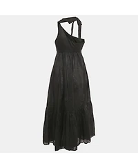 Pre-Owned Zimmermann Women's Black Linen Tie Neck Detail Empire Mid Dress