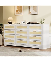 12-Drawer Rattan Bedroom Dresser, Modern Wood Storage Chest with Woven Panel Fronts for Nursery, Entryway, or Living Room, Natural