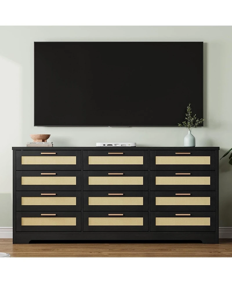 12-Drawer Rattan Bedroom Dresser, Modern Wood Storage Chest with Woven Panel Fronts for Nursery, Entryway, or Living Room, Natural
