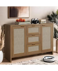 Gaomon 47.2" Rattan Buffet Sideboard – Boho Credenza with Drawers & Doors, Wooden Coffee Bar Storage for Entryway or Living Room (Natural