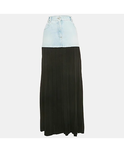 Pre-Owned Balmain Women's Blue/black Denim And Lurex Knit Pleated Maxi Skirt