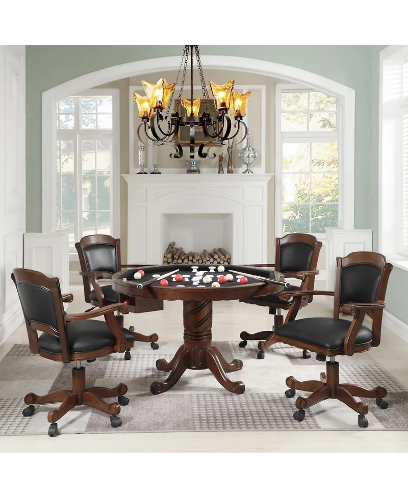 Flynama Tobacco Finish Reversible Game Table with cup holders, carved pedestal, velvet surface, converts dining to gaming.