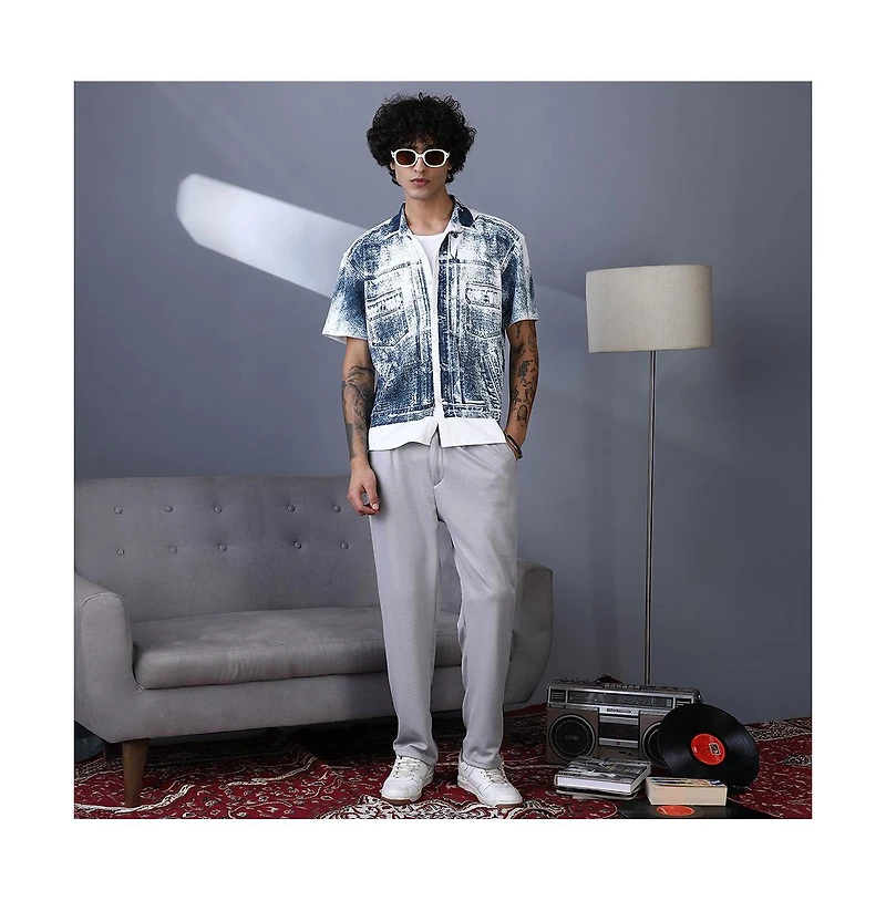 Campus Sutra Men's Navy Blue Denim-Imprint Relaxed Shirt