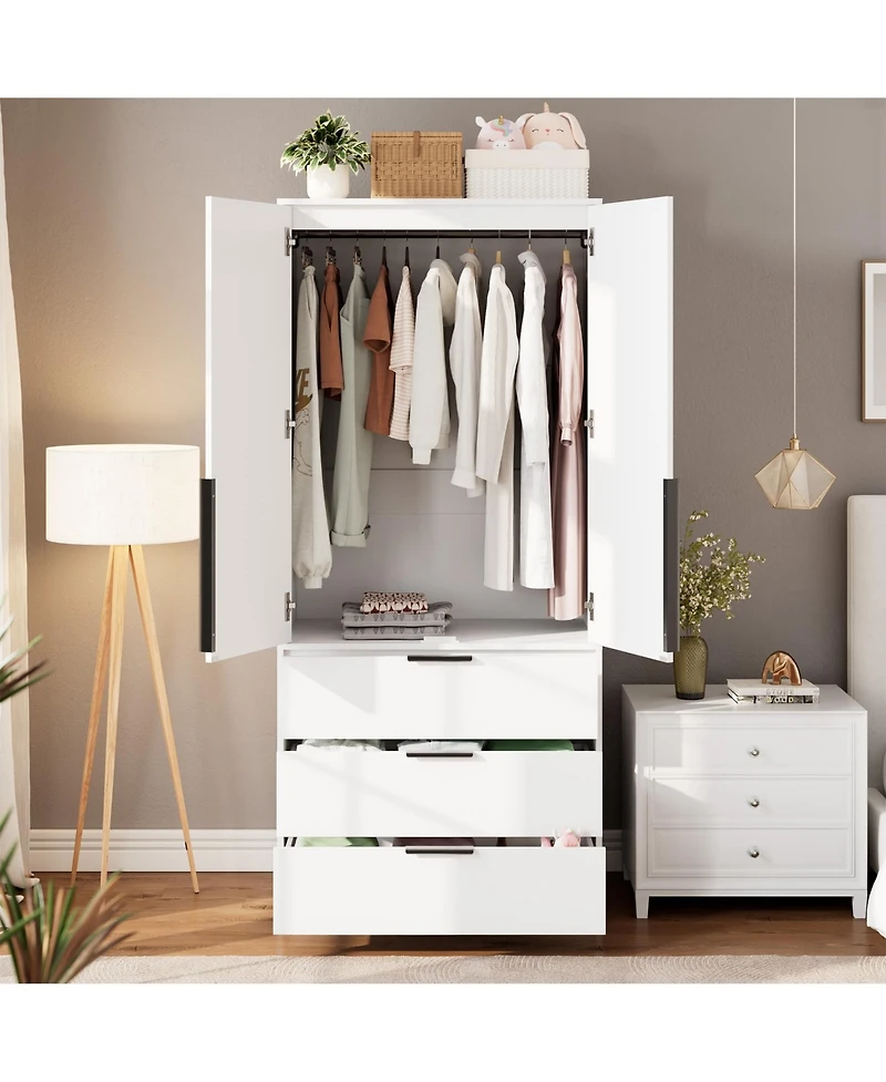 gaomon Armoire Wardrobe Closet, 69.5" Wooden Wardrobe Cabinet with 3 Drawers, Hanging Rod, 2 Doors Clothing Storage Cabinet