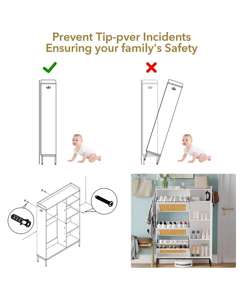 Shoe Cabinet with 3 Flip Drawers, Rattan Freestanding Organizer Adjustable Shelves,for Entryway Hallway, Easy Assembly