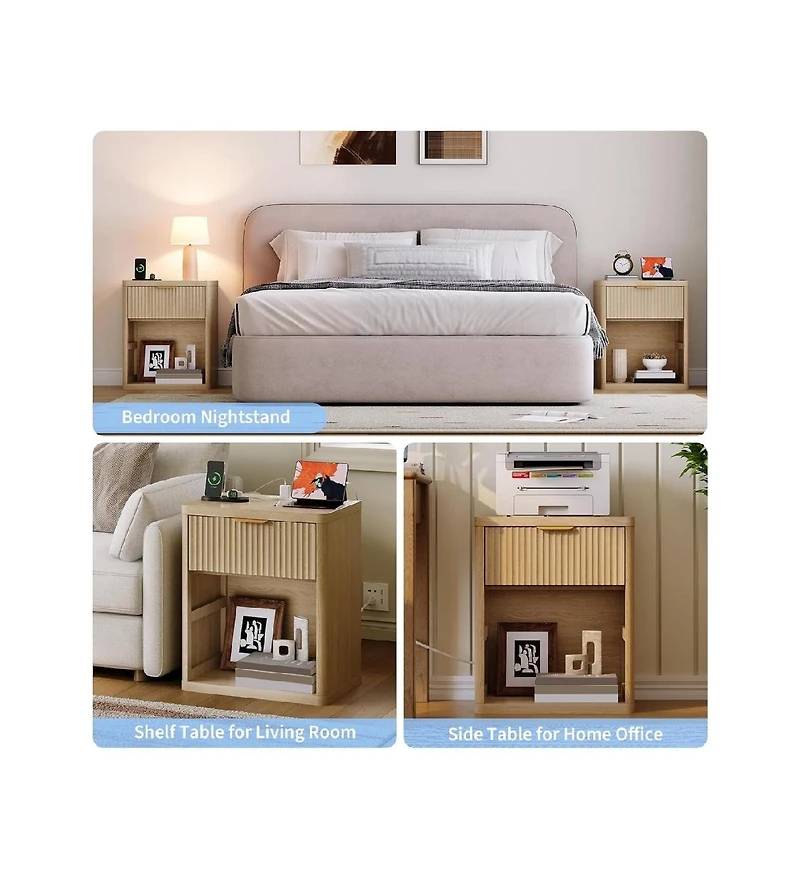 Gaomon Fluted Nightstand with Charging Station, Bedside Table Drawers and Open Storage Space, Mid Century Modern End
