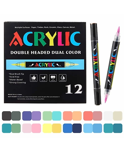 Htutwoo 24 Colors Dual Tip Acrylic Paint Pens, Vibrant Paint Markers with Double Brush Tips for Rock, Ceramic, Glass, Stone, Fabric and Diy Crafts