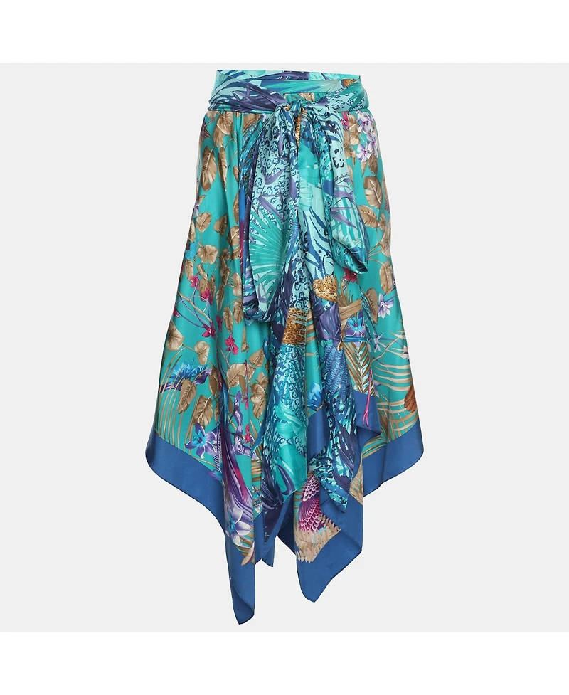 Pre-Owned Salvatore Ferragamo Women's Blue Printed Silk Belted Asymmetric Hem Skirt