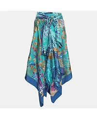 Pre-Owned Salvatore Ferragamo Women's Blue Printed Silk Belted Asymmetric Hem Skirt