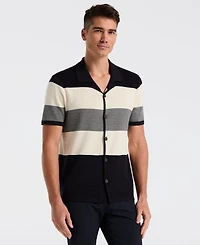 Perry Ellis Men's Short-Sleeve Striped Button-Front Sweater