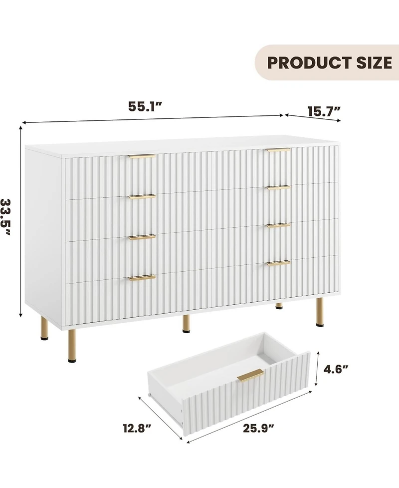 gaomon Fluted 8 Drawer Dresser, 54" Wide Modern Chest with Deep Drawers, Long Double Dresser Tv Stand for Living Room, Bedroom, Hallway