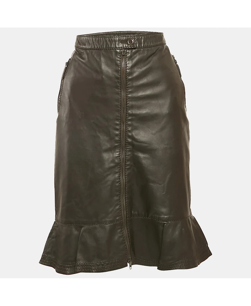 Pre-Owned Moschino Women's Brown Leather Flounce Hem Knee Length Skirt