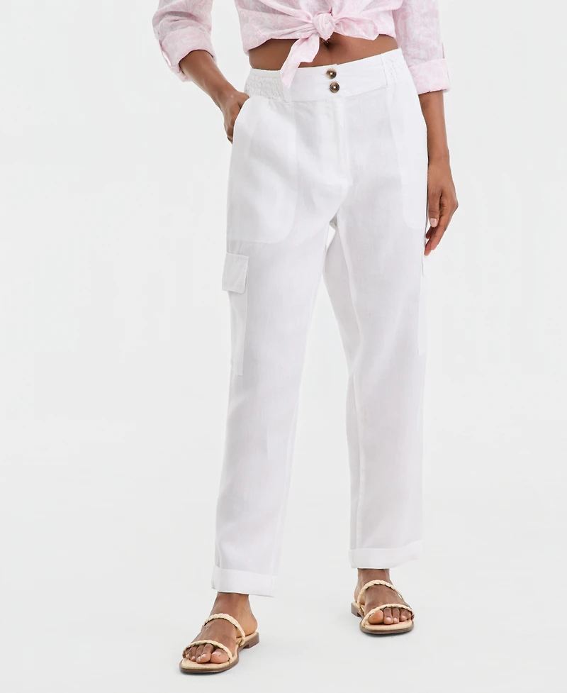 Charter Club Women's Linen Smocked Cargo Pants, Macy's Exclusive