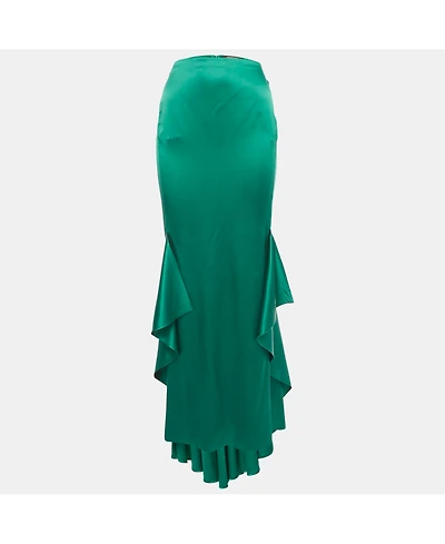 Pre-Owned Roberto Cavalli Women's Green Satin Ruffled High-Low Maxi Skirt
