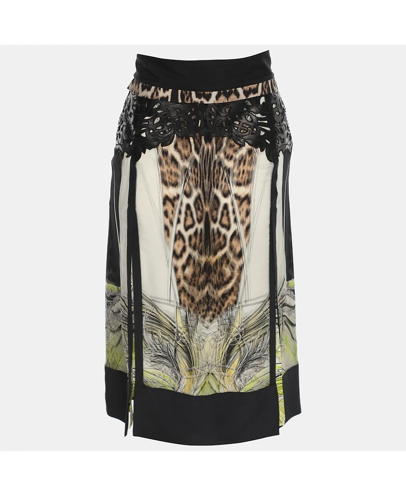 Pre-Owned Roberto Cavalli Women's Multicolor Printed Silk Side Slits Midi Skirts