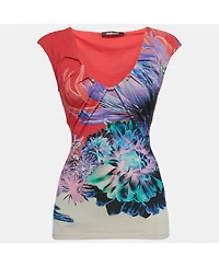 Pre-Owned Roberto Cavalli Women's Beige Cotton And Modal Faux Feather Detail T-Shirt