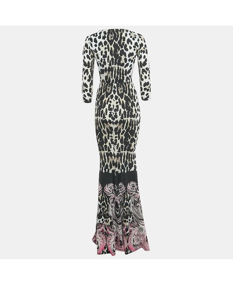 Pre-Owned Roberto Cavalli Women's Black /white Animal Print Lace Detail Jersey Maxi Dress