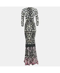 Pre-Owned Roberto Cavalli Women's Black /white Animal Print Lace Detail Jersey Maxi Dress