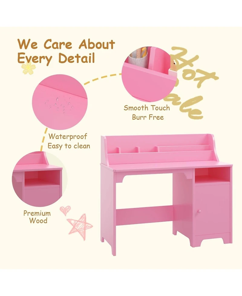 Gaomon kids desk and chair set with hutch and storage cabinet, wooden study table for boys and girls, ideal for writing, computer work, and learning.