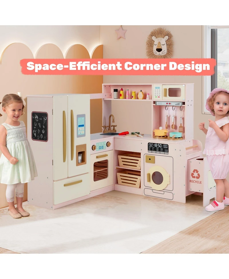 Hongge Corner Kitchen Playset for Kids with Lights, Sounds, and Storage - Pink