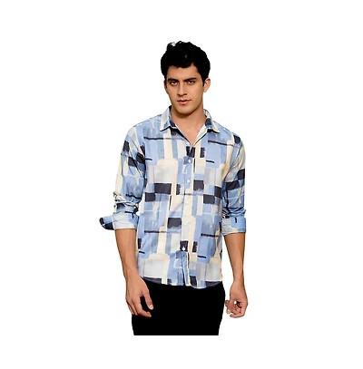 Campus Sutra Men's Powder Blue & Pale Yellow Cubic-Overlap Shirt