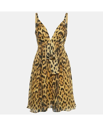Pre-Owned Roberto Cavalli Women's Brown Leopard Print Silk Mini Dress