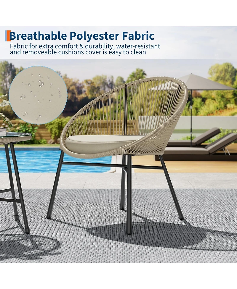 Gaomon 3 Pieces Patio Bistro Set Outdoor Acapulco Chair with Glass Top Coffee Table, Wicker Furniture Sets