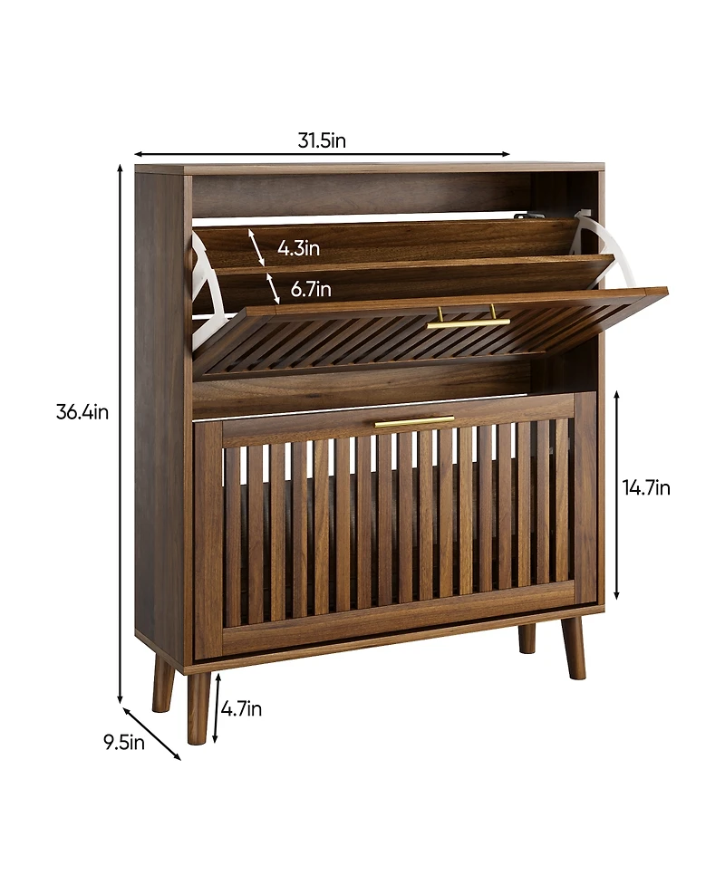 Casainc Medieval Modern Walnut Shoe Storage Cabinet With 2 Flip Drawers and Fence Design