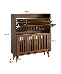 Casainc Medieval Modern Walnut Shoe Storage Cabinet With 2 Flip Drawers and Fence Design