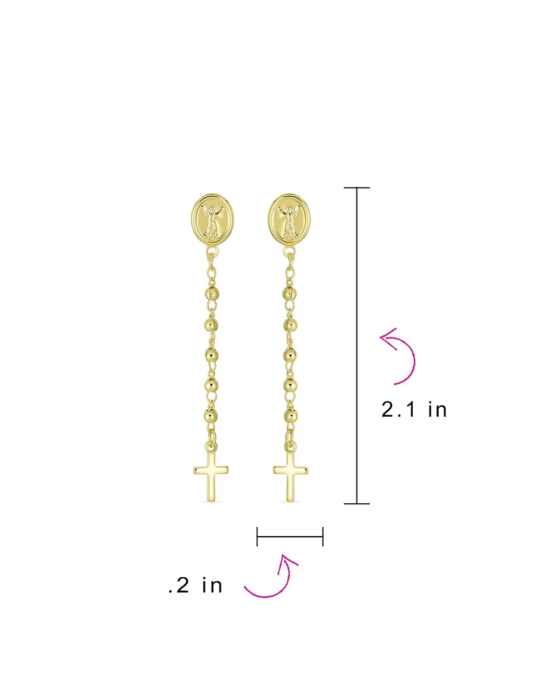 Bling Jewelry Religious Medallion Long Chain Dangle Angel & Cross Earrings Gold Plated