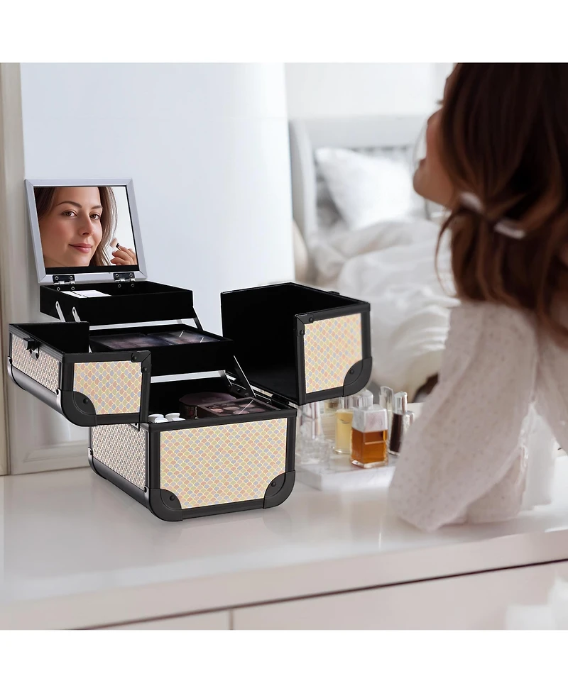 Byootique Makeup Train Case with Mirror Cosmetic Box Organizer Art Deco Pastel