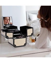 Byootique Makeup Train Case with Mirror Cosmetic Box Organizer Art Deco Pastel